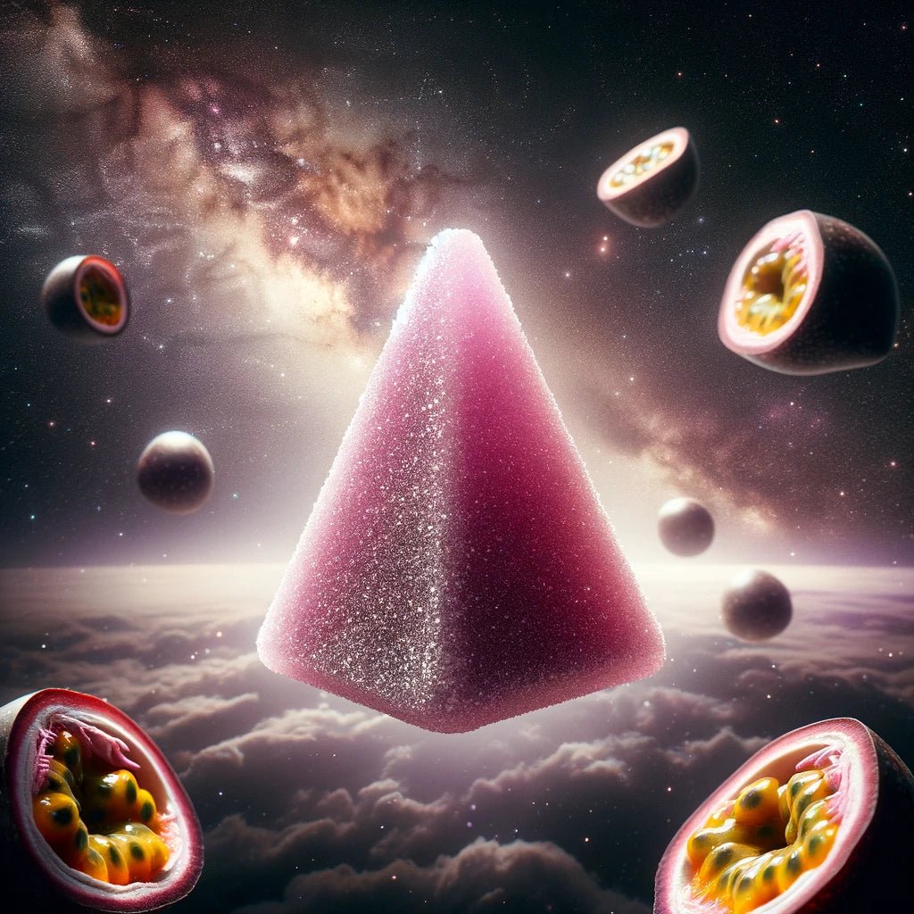 Passion fruit asteroid in space surrounded by passion fruits.